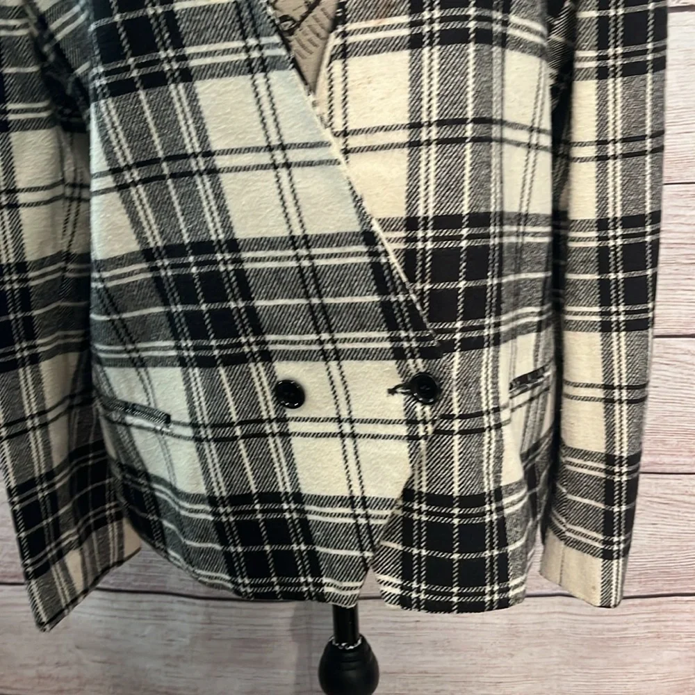 Vintage Black & White Plaid Blazer Wool Blend Collarless Made in USA Size 10